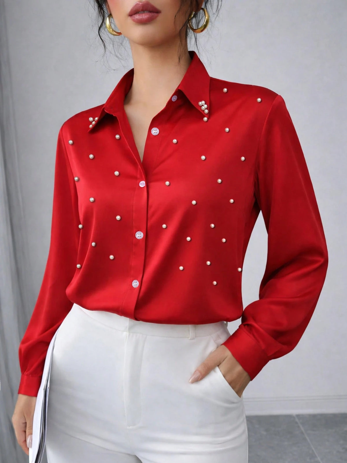 New Arrival Fashion Women's Casual Versatile Faux Pearl & Button Embellished Blouse White