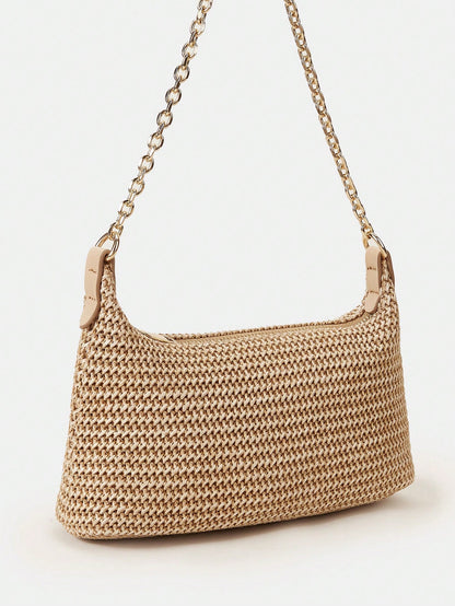 New Arrival Fashionable Bohemian Style Woven Rattan Bag With Chain Strap, Shoulder Bag, Suitable For Daily Casual, Vacation, Shopping And Outfit Matching, Tready Crescent Moon Bag For Women, Bohemian
