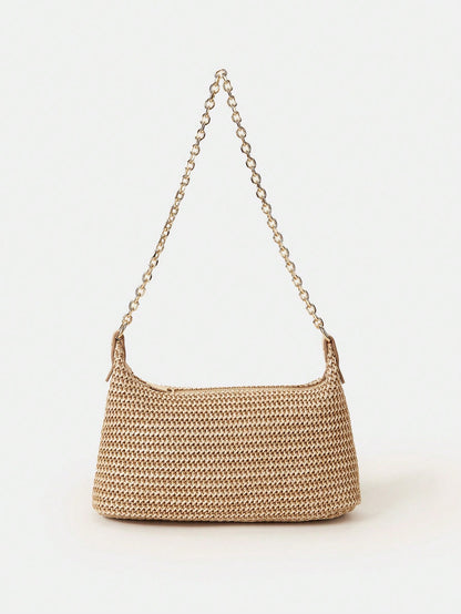 New Arrival Fashionable Bohemian Style Woven Rattan Bag With Chain Strap, Shoulder Bag, Suitable For Daily Casual, Vacation, Shopping And Outfit Matching, Tready Crescent Moon Bag For Women, Bohemian