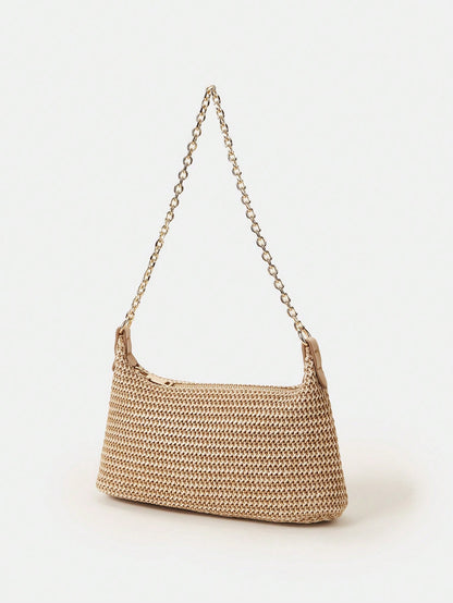 New Arrival Fashionable Bohemian Style Woven Rattan Bag With Chain Strap, Shoulder Bag, Suitable For Daily Casual, Vacation, Shopping And Outfit Matching, Tready Crescent Moon Bag For Women, Bohemian