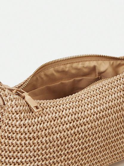 New Arrival Fashionable Bohemian Style Woven Rattan Bag With Chain Strap, Shoulder Bag, Suitable For Daily Casual, Vacation, Shopping And Outfit Matching, Tready Crescent Moon Bag For Women, Bohemian