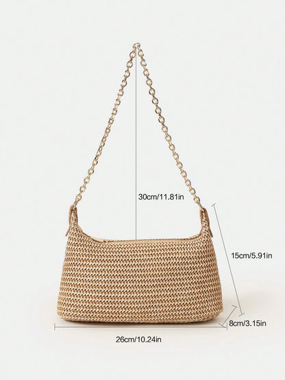 New Arrival Fashionable Bohemian Style Woven Rattan Bag With Chain Strap, Shoulder Bag, Suitable For Daily Casual, Vacation, Shopping And Outfit Matching, Tready Crescent Moon Bag For Women, Bohemian