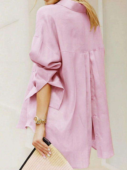 New Autumn Fashion Long Sleeve Button-Up Shirt, Elegant Blouse And Shirt For Women Spring Pink