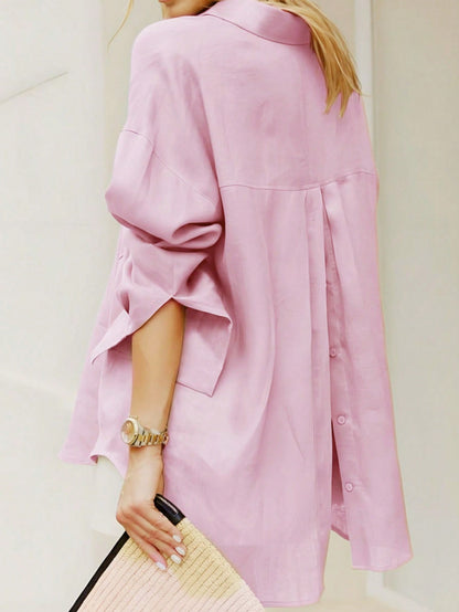 New Autumn Fashion Long Sleeve Button-Up Shirt, Elegant Blouse And Shirt For Women Spring Pink