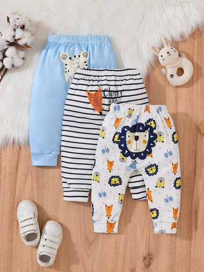 New Baby Boy And Girl Cute Baby Boy Pants Cartoon Animal Print Trousers Pack Of Three