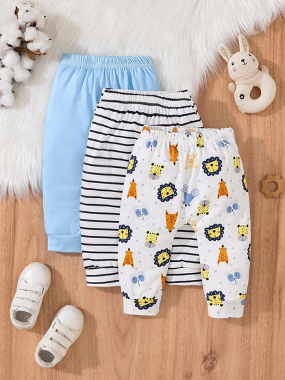 New Baby Boy And Girl Cute Baby Boy Pants Cartoon Animal Print Trousers Pack Of Three