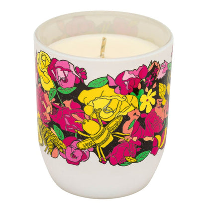 Bee Free vegan plant wax candle in white glass with collaborative bee artwork