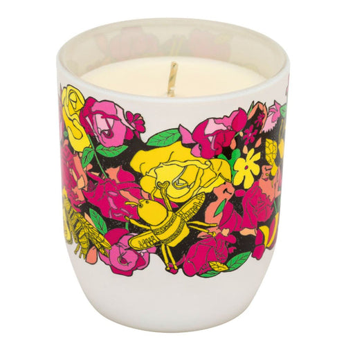 Bee Free vegan plant wax candle in white glass with collaborative bee artwork