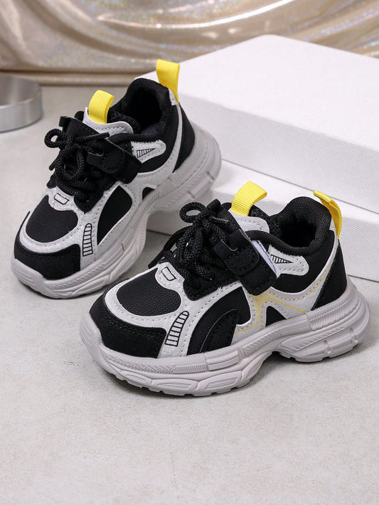 New Colorblock Kids Chunky Sneakers, Unisex Baby Casual Sports Shoes, Soft Sole Anti-Slip Walking Shoes, Toddler Versatile Black & Yellow Contrast Color Functional Style Running Shoes, Hook And Loop E