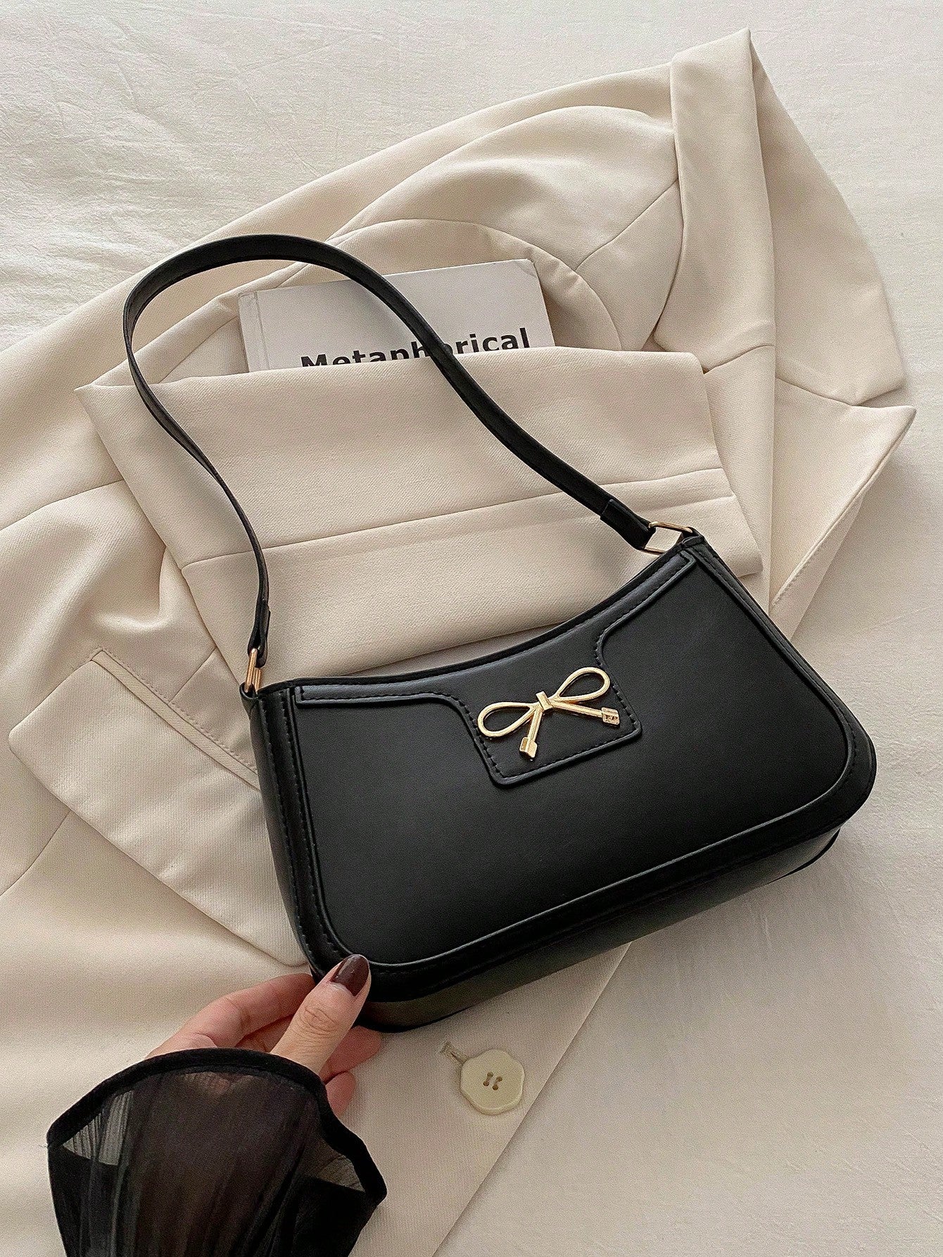 New Fashion Casual Women's PU Solid Black/Khaki/Camel Bow Metal Decor Underarm Coin Purse Makeup Bag, Fashionable Bow Purse For Women