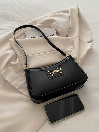 New Fashion Casual Women's PU Solid Black/Khaki/Camel Bow Metal Decor Underarm Coin Purse Makeup Bag, Fashionable Bow Purse For Women