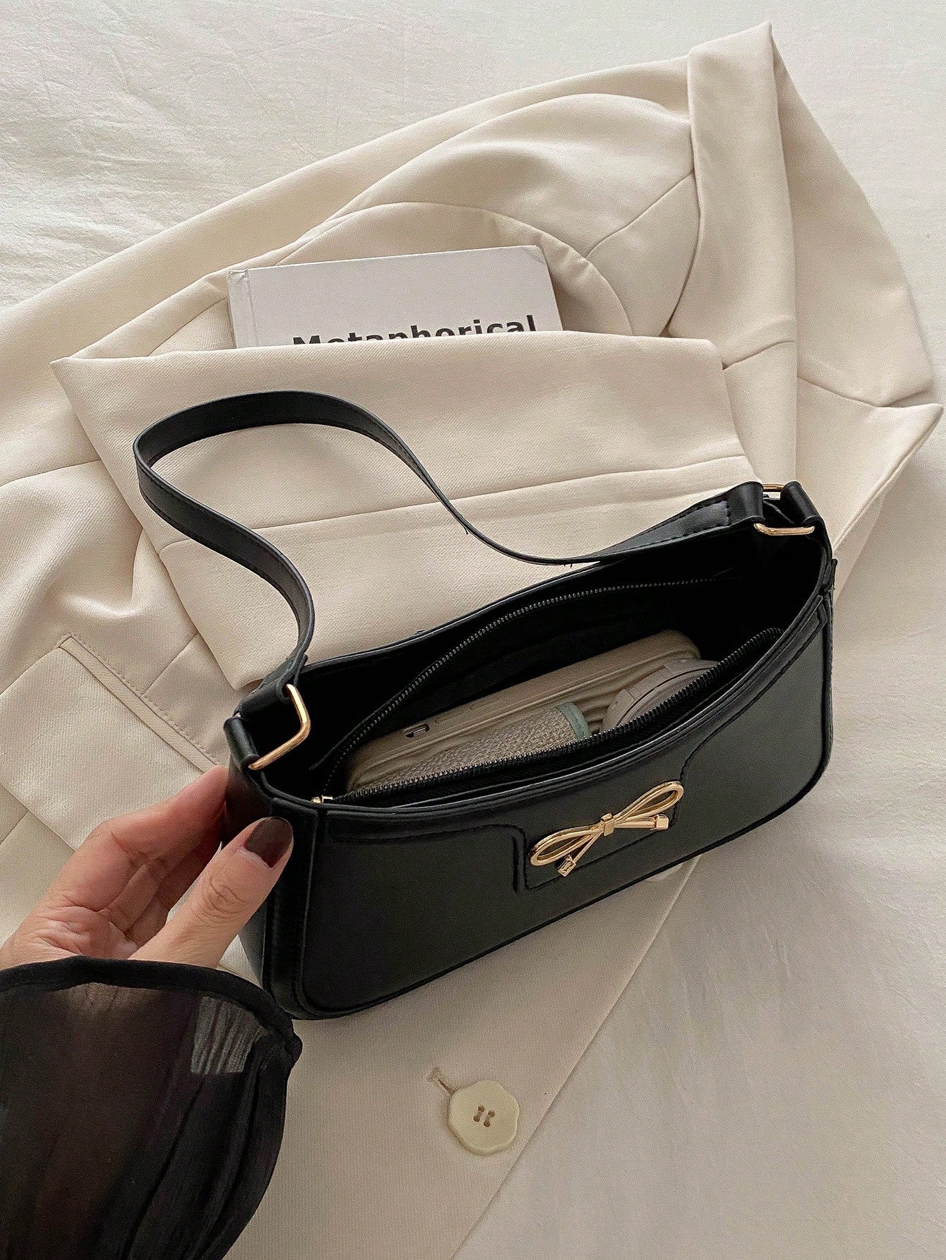 New Fashion Casual Women's PU Solid Black/Khaki/Camel Bow Metal Decor Underarm Coin Purse Makeup Bag, Fashionable Bow Purse For Women