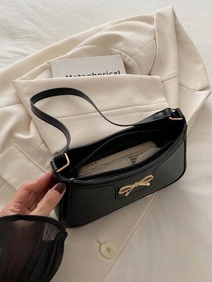 New Fashion Casual Women's PU Solid Black/Khaki/Camel Bow Metal Decor Underarm Coin Purse Makeup Bag, Fashionable Bow Purse For Women