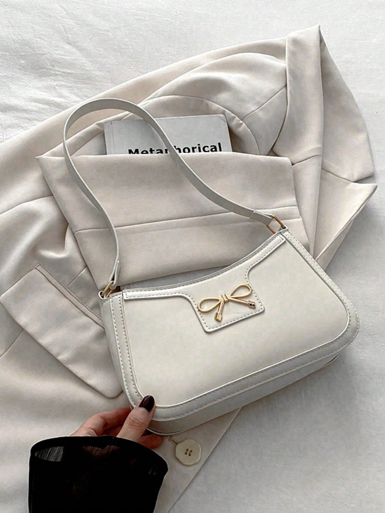 New Fashion Casual Women's PU Solid Black/Khaki/Camel Bow Metal Decor Underarm Coin Purse Makeup Bag, Fashionable Bow Purse For Women