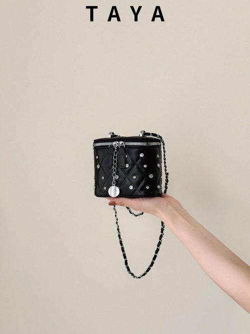 New Fashion Textured Quilted Diamond Grid Square Bag, Zipper Closure, Faux Rhinestone Decor, Metal Braided Chain, Small Capacity Mini Crossbody Bag, Suitable For Women's Daily Life, Casual, Commute, W