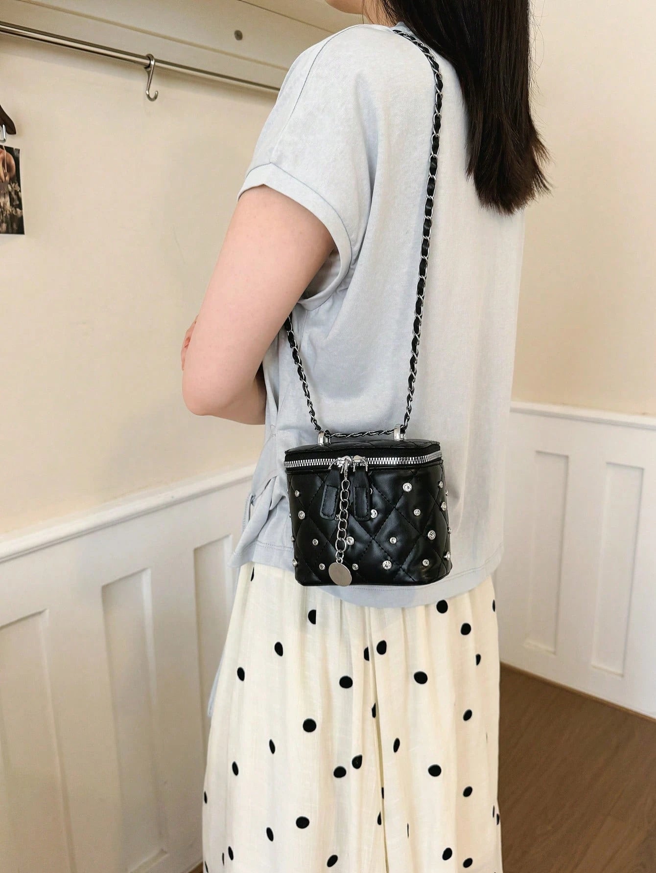 New Fashion Textured Quilted Diamond Grid Square Bag, Zipper Closure, Faux Rhinestone Decor, Metal Braided Chain, Small Capacity Mini Crossbody Bag, Suitable For Women's Daily Life, Casual, Commute, W