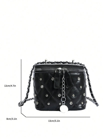 New Fashion Textured Quilted Diamond Grid Square Bag, Zipper Closure, Faux Rhinestone Decor, Metal Braided Chain, Small Capacity Mini Crossbody Bag, Suitable For Women's Daily Life, Casual, Commute, W