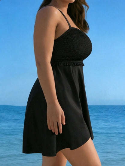 New Fashionable Women's Black Pleated Ruffle Skirt Style Slim Fit, High Elasticity And Breathability Plus Size Tankini Swimsuit Set