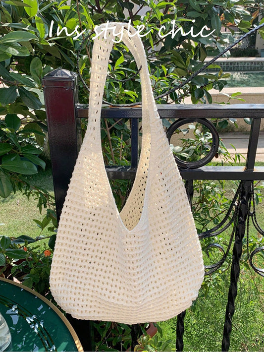 New Hollowed Out Apricot Mesh Shoulder/Handbag With Fashionable Unique Open Design, Perfect For Daily Commute Or Vacation Beach Outings. Ideal For Shopping, Travel And Casual Use.