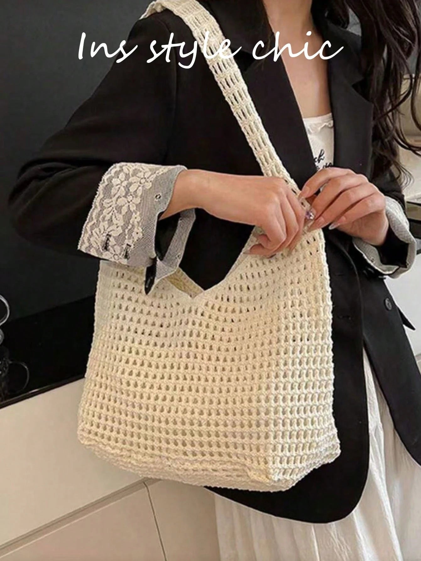 New Hollowed Out Apricot Mesh Shoulder/Handbag With Fashionable Unique Open Design, Perfect For Daily Commute Or Vacation Beach Outings. Ideal For Shopping, Travel And Casual Use.