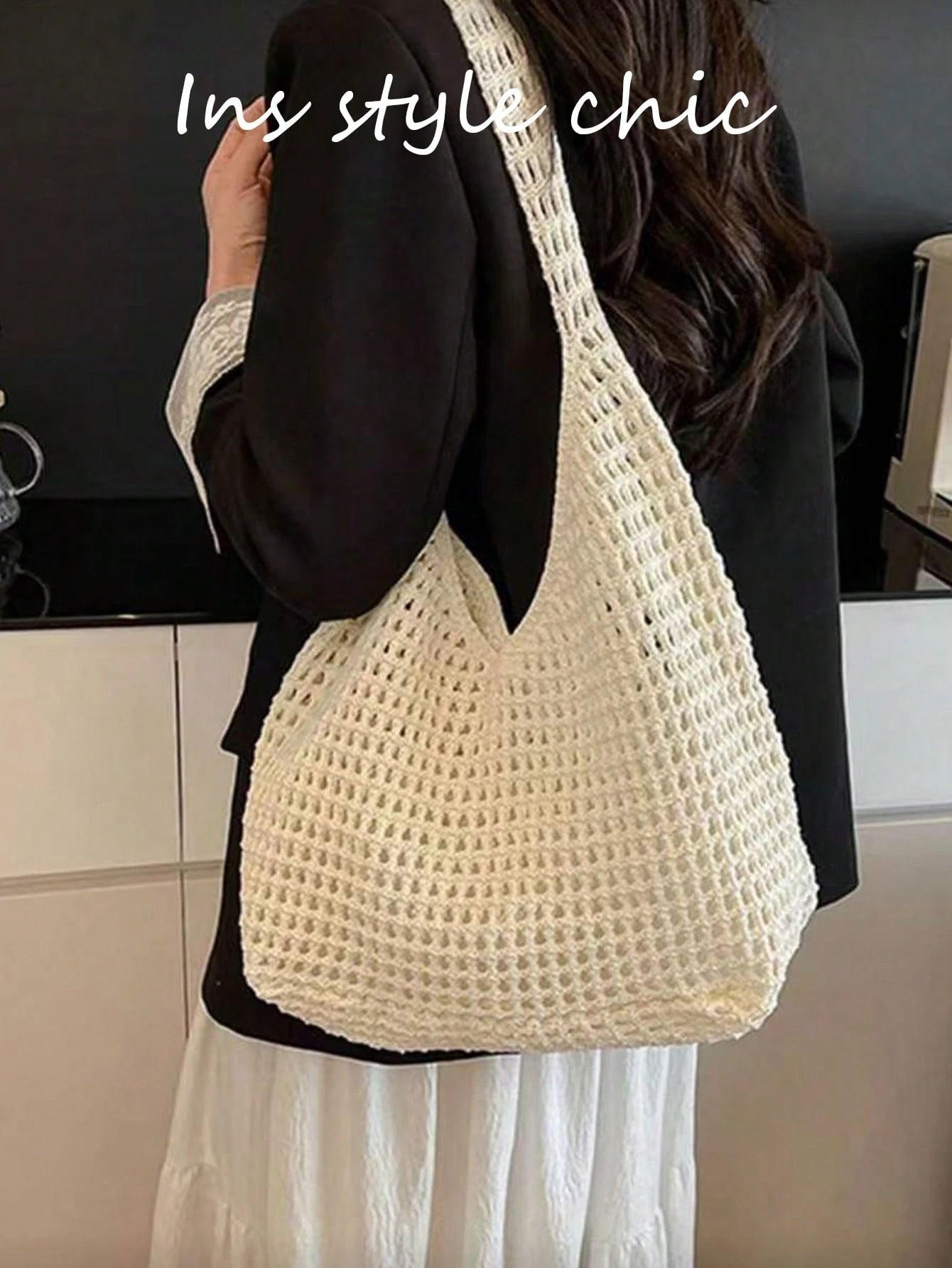 New Hollowed Out Apricot Mesh Shoulder/Handbag With Fashionable Unique Open Design, Perfect For Daily Commute Or Vacation Beach Outings. Ideal For Shopping, Travel And Casual Use.