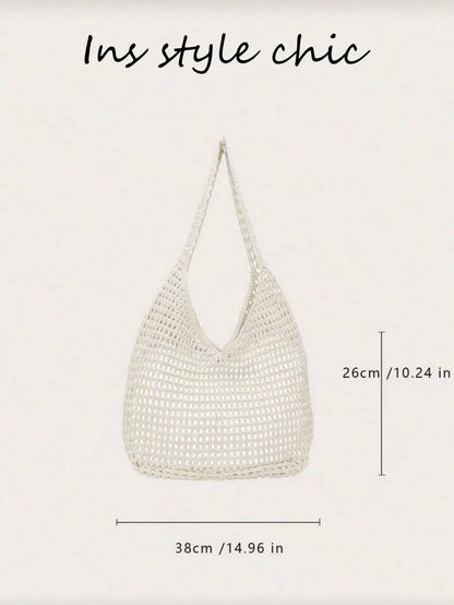 New Hollowed Out Apricot Mesh Shoulder/Handbag With Fashionable Unique Open Design, Perfect For Daily Commute Or Vacation Beach Outings. Ideal For Shopping, Travel And Casual Use.