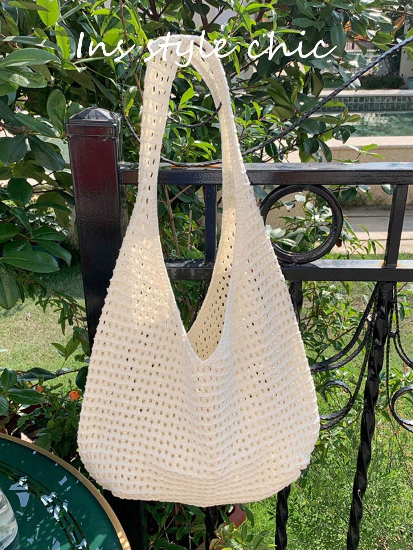 New Hollowed Out Apricot Mesh Shoulder/Handbag With Fashionable Unique Open Design, Perfect For Daily Commute Or Vacation Beach Outings. Ideal For Shopping, Travel And Casual Use.