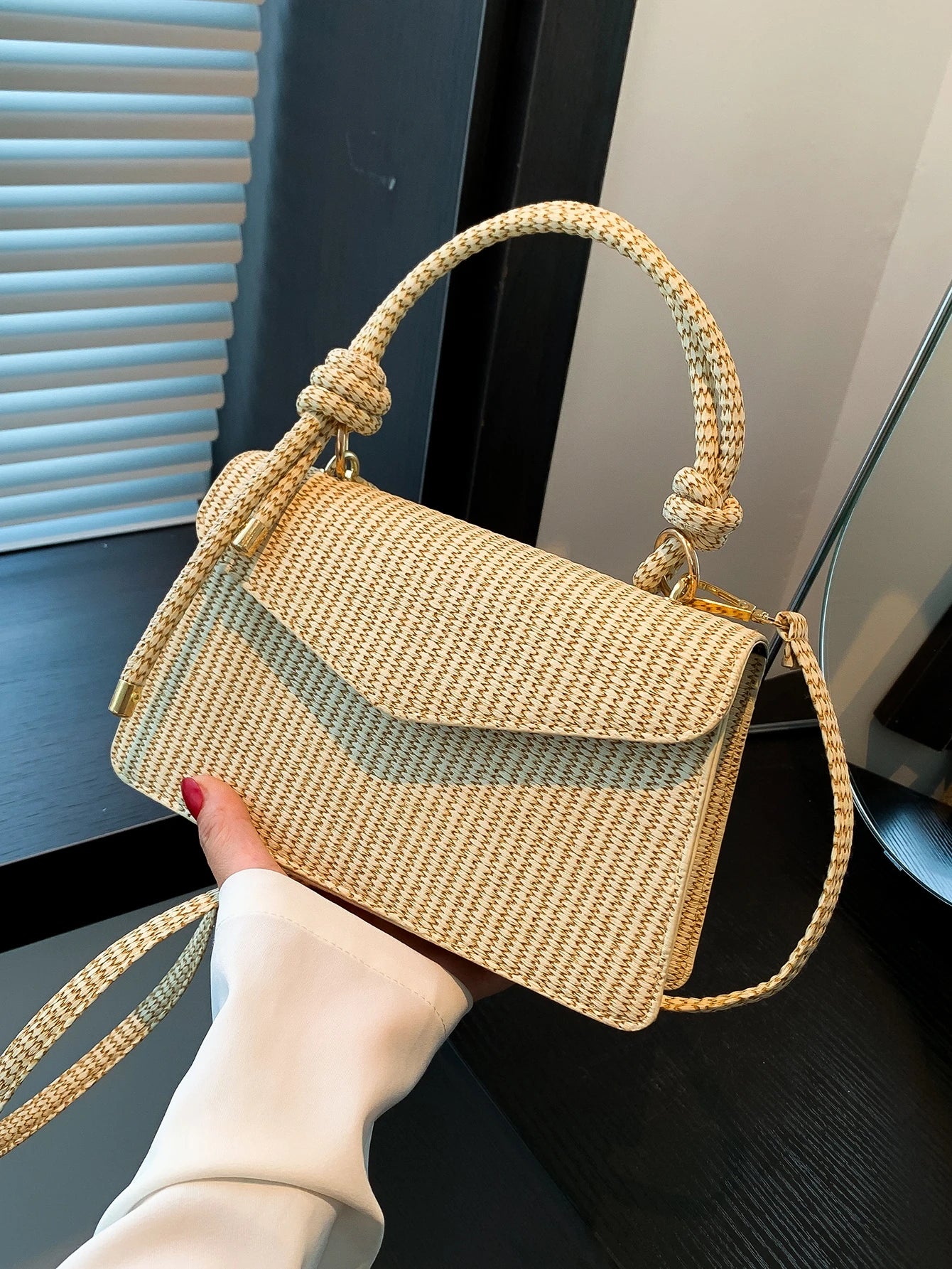 New Khaki Woven Texture Handbag Small Square Bag Women's Shoulder Crossbody Bag
