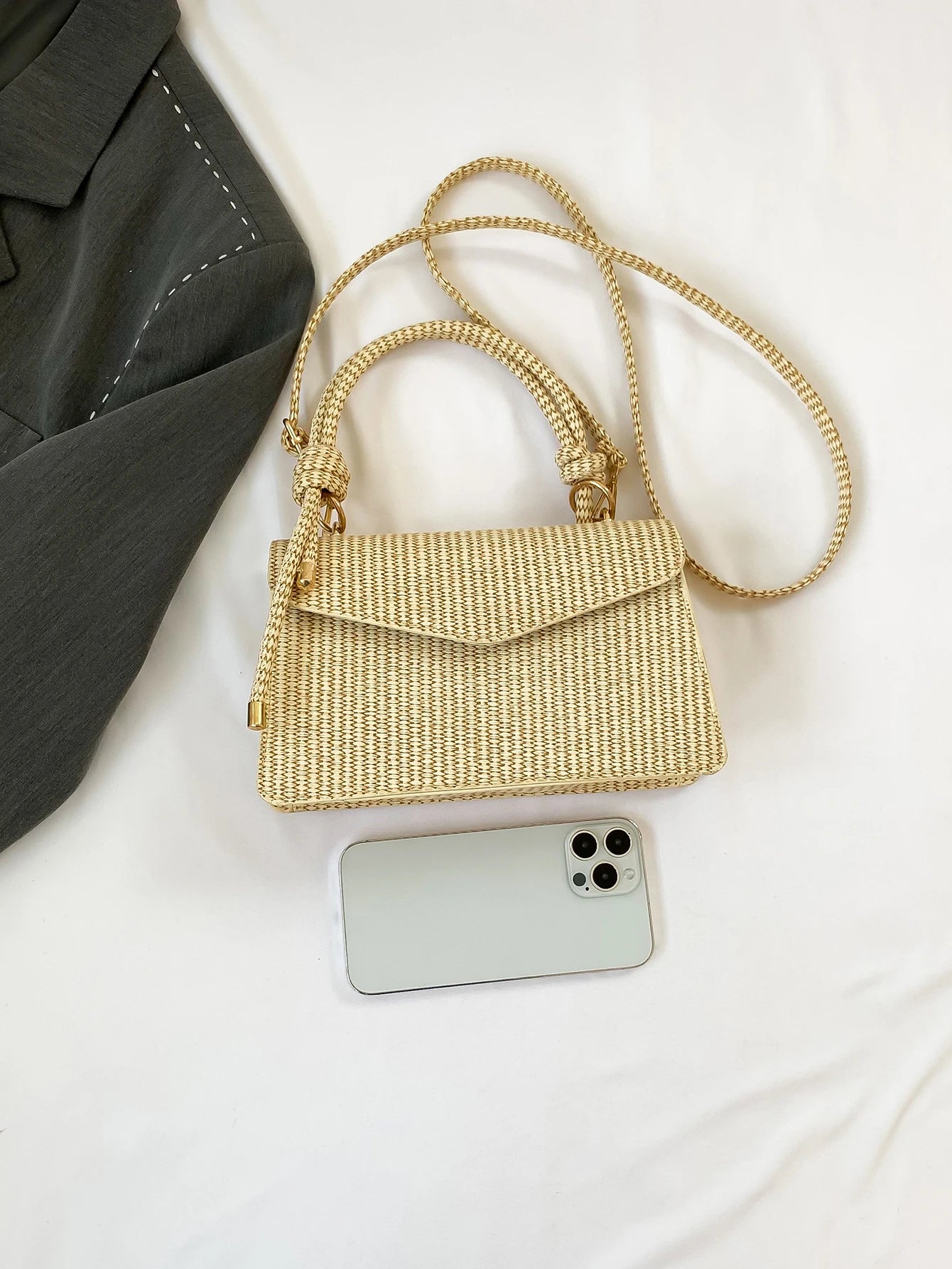 New Khaki Woven Texture Handbag Small Square Bag Women's Shoulder Crossbody Bag