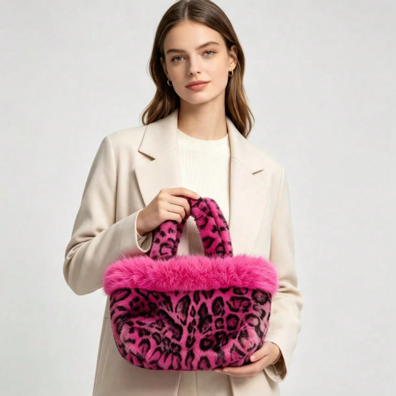 New Plush Leopard Print Handbag, Versatile Tote Bag, Fashionable Personalized Shoulder Bag For Girls