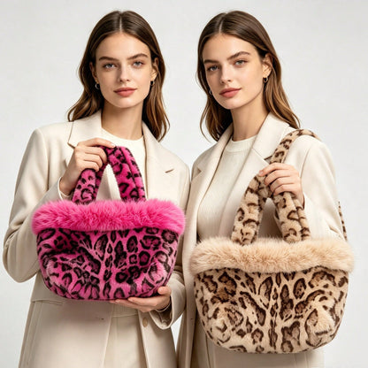 New Plush Leopard Print Handbag, Versatile Tote Bag, Fashionable Personalized Shoulder Bag For Girls