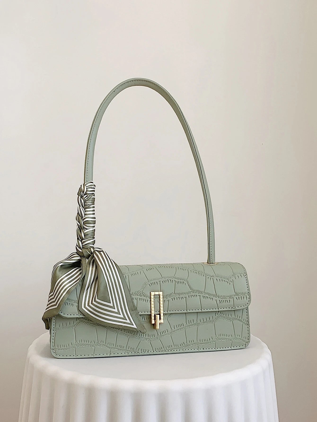 New Solid Color PU Scarf Bag, With Lid And Inner Zipper,  Suitable For  Christmas And Valentine's Day Gift, Green