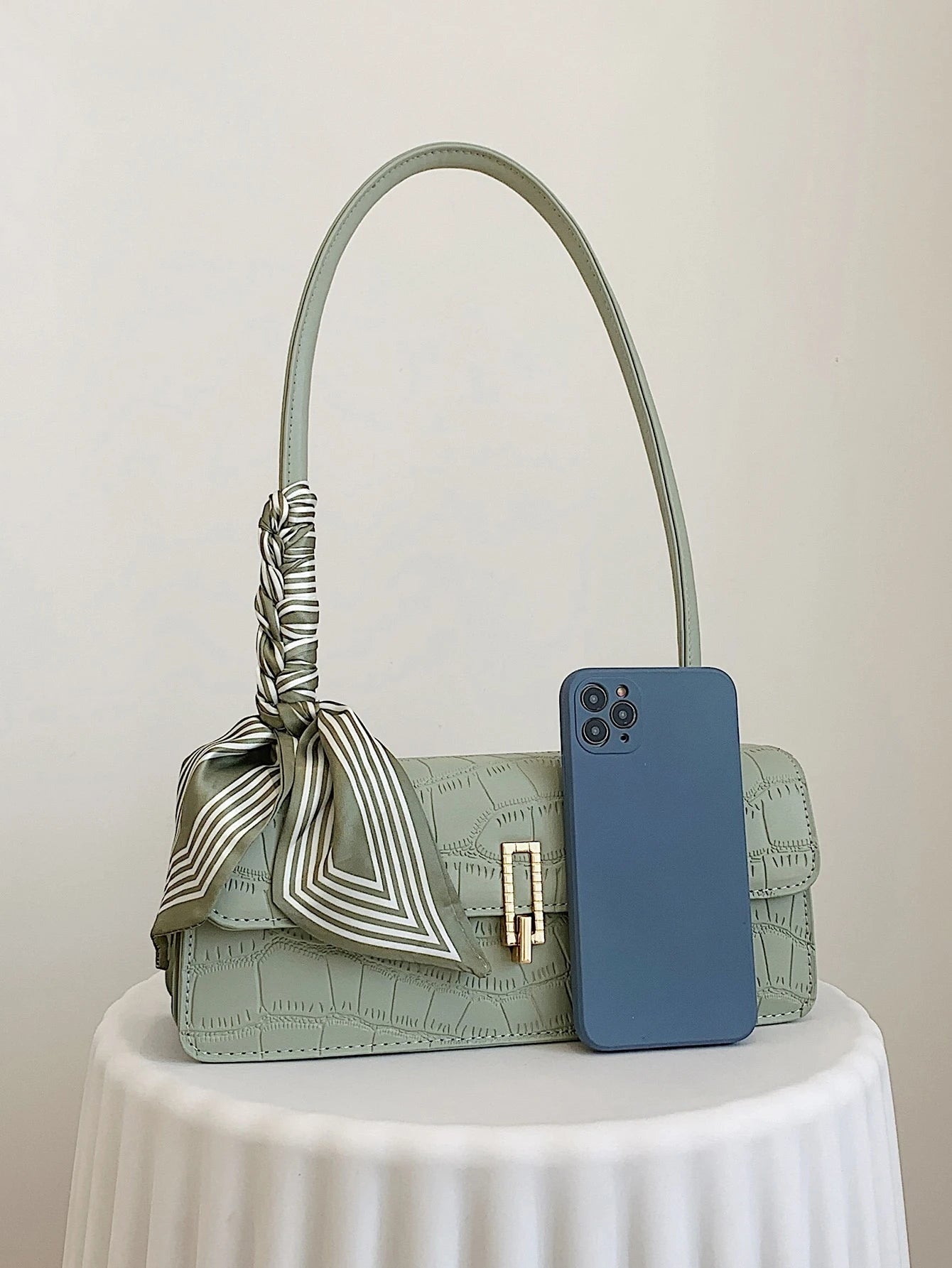 New Solid Color PU Scarf Bag, With Lid And Inner Zipper,  Suitable For  Christmas And Valentine's Day Gift, Green