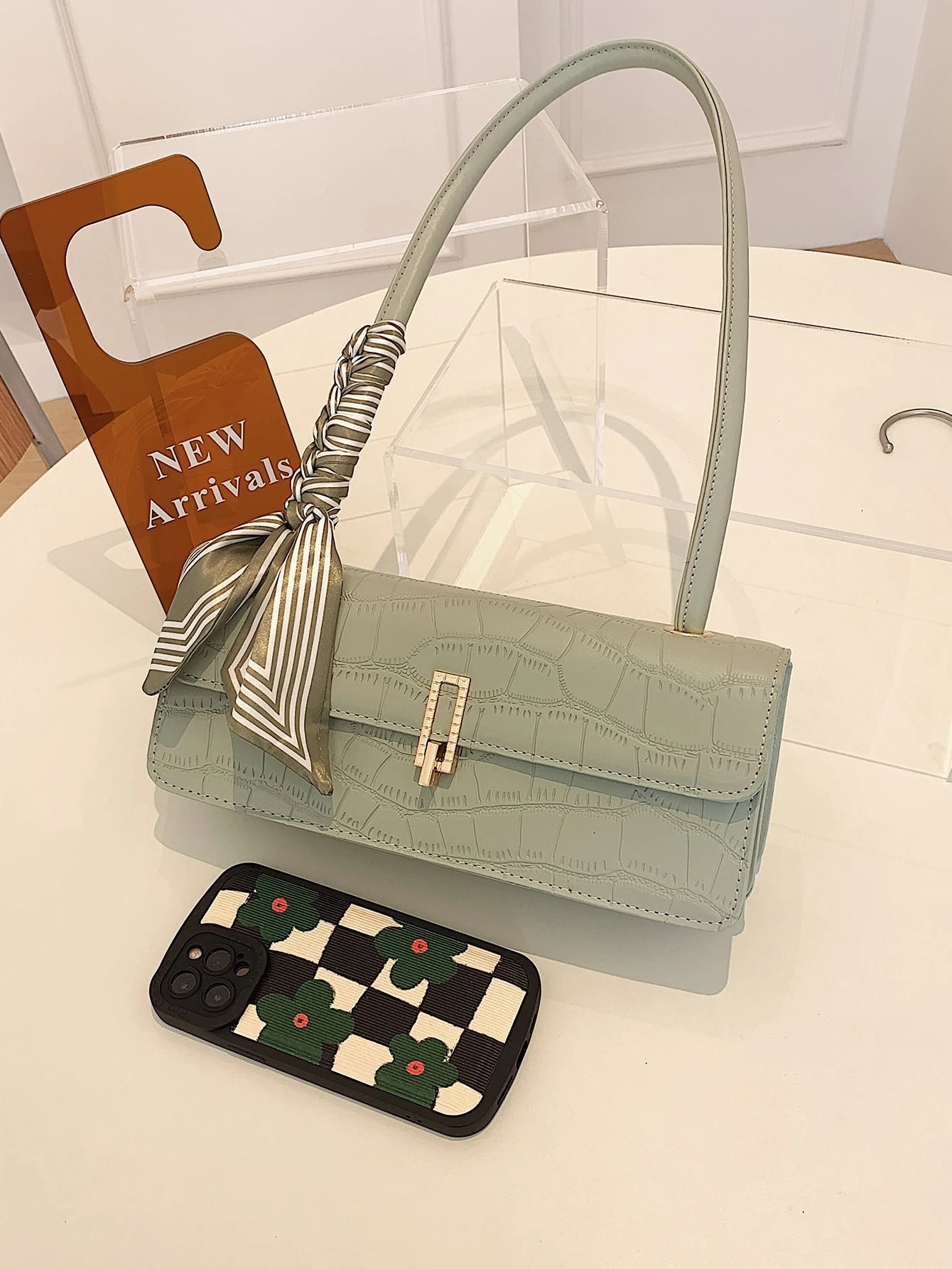 New Solid Color PU Scarf Bag, With Lid And Inner Zipper,  Suitable For  Christmas And Valentine's Day Gift, Green