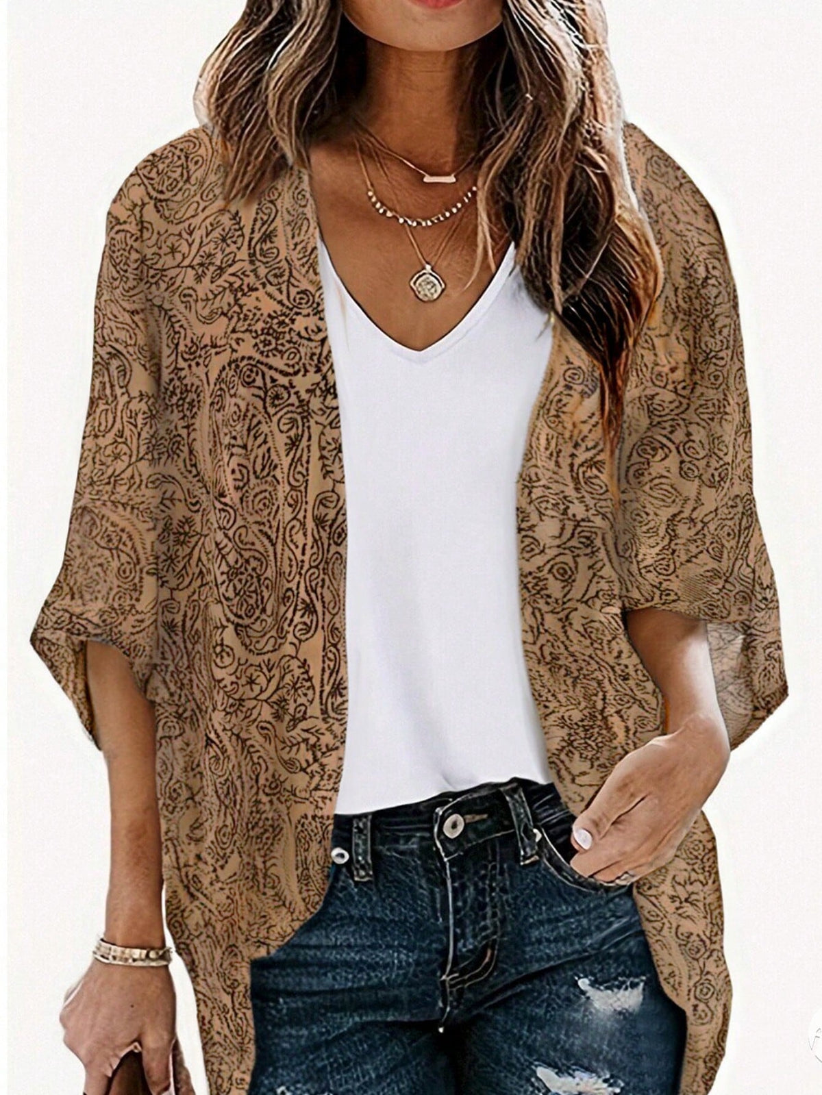 New Stylish & Elegant Paisley Print Blouse Spring Vacation Brown