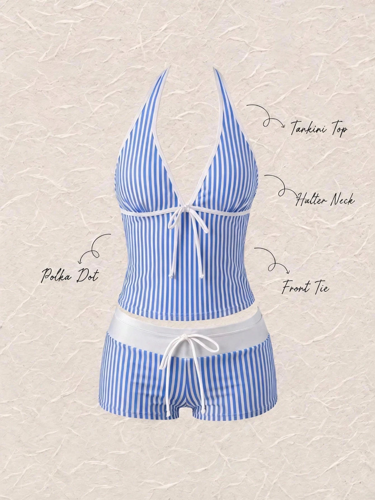 New Summer Fresh Sweet Cute Blue & White Striped Halter Neck Bikini Set, Beach Vacation Casual