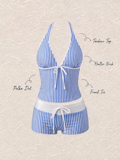 New Summer Fresh Sweet Cute Blue & White Striped Halter Neck Bikini Set, Beach Vacation Casual