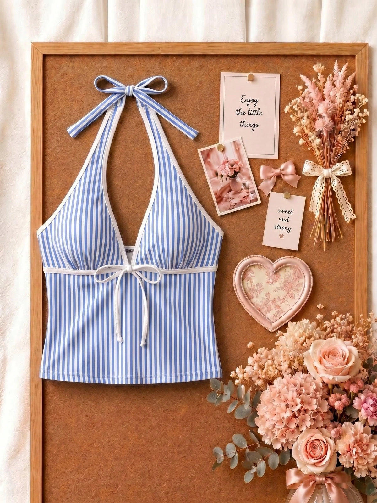 New Summer Fresh Sweet Cute Blue & White Striped Halter Neck Bikini Set, Beach Vacation Casual