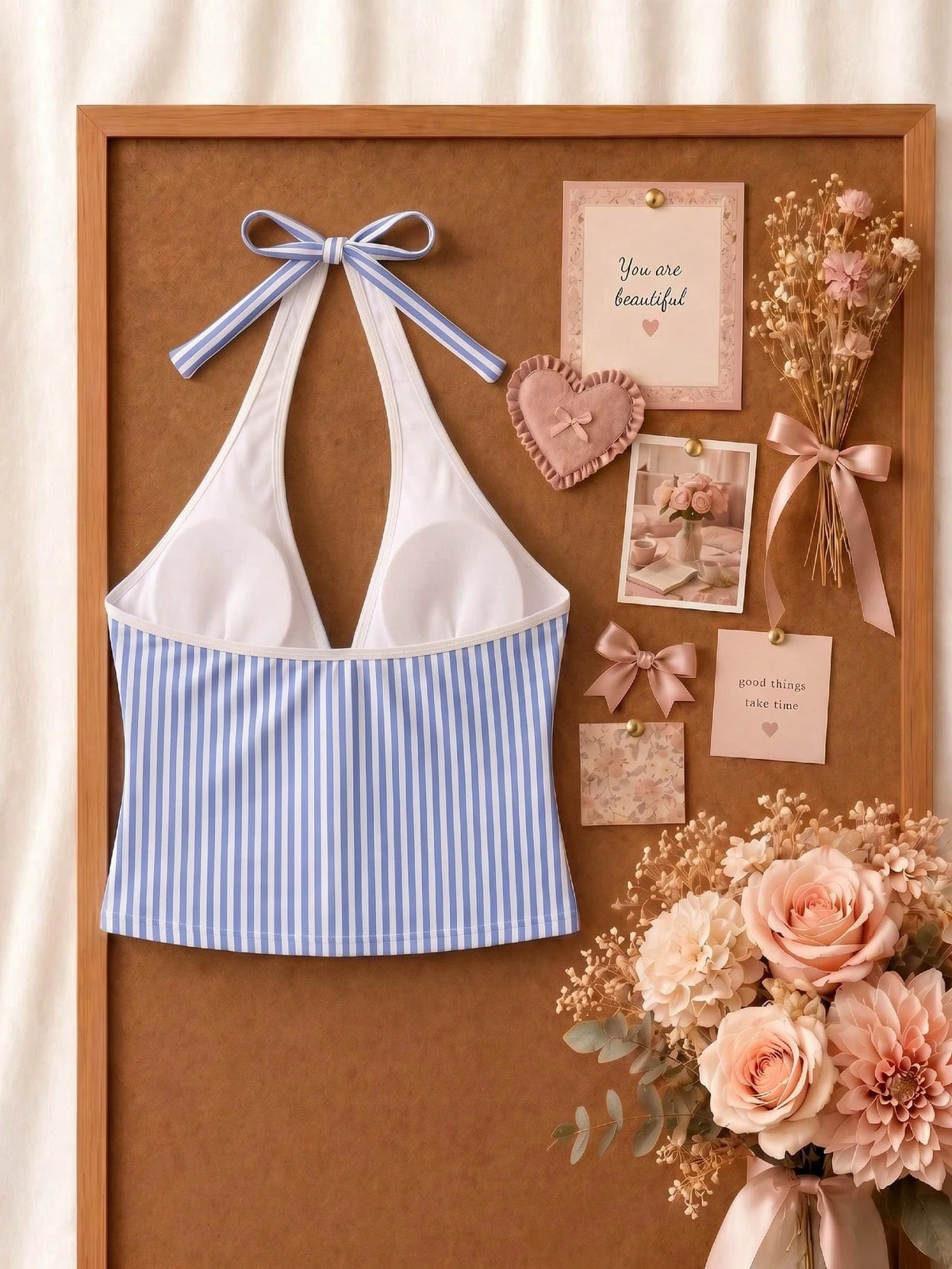 New Summer Fresh Sweet Cute Blue & White Striped Halter Neck Bikini Set, Beach Vacation Casual