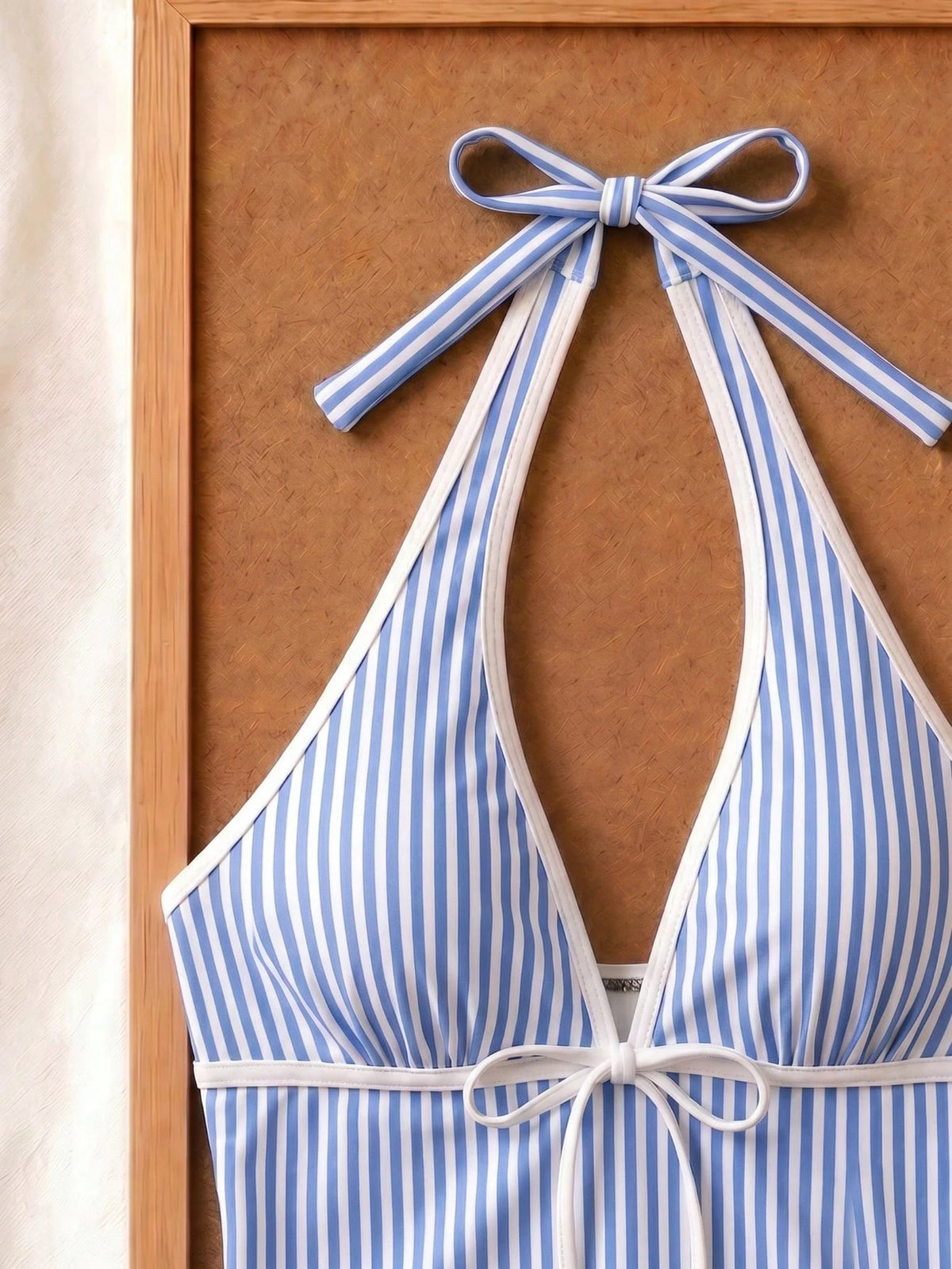 New Summer Fresh Sweet Cute Blue & White Striped Halter Neck Bikini Set, Beach Vacation Casual