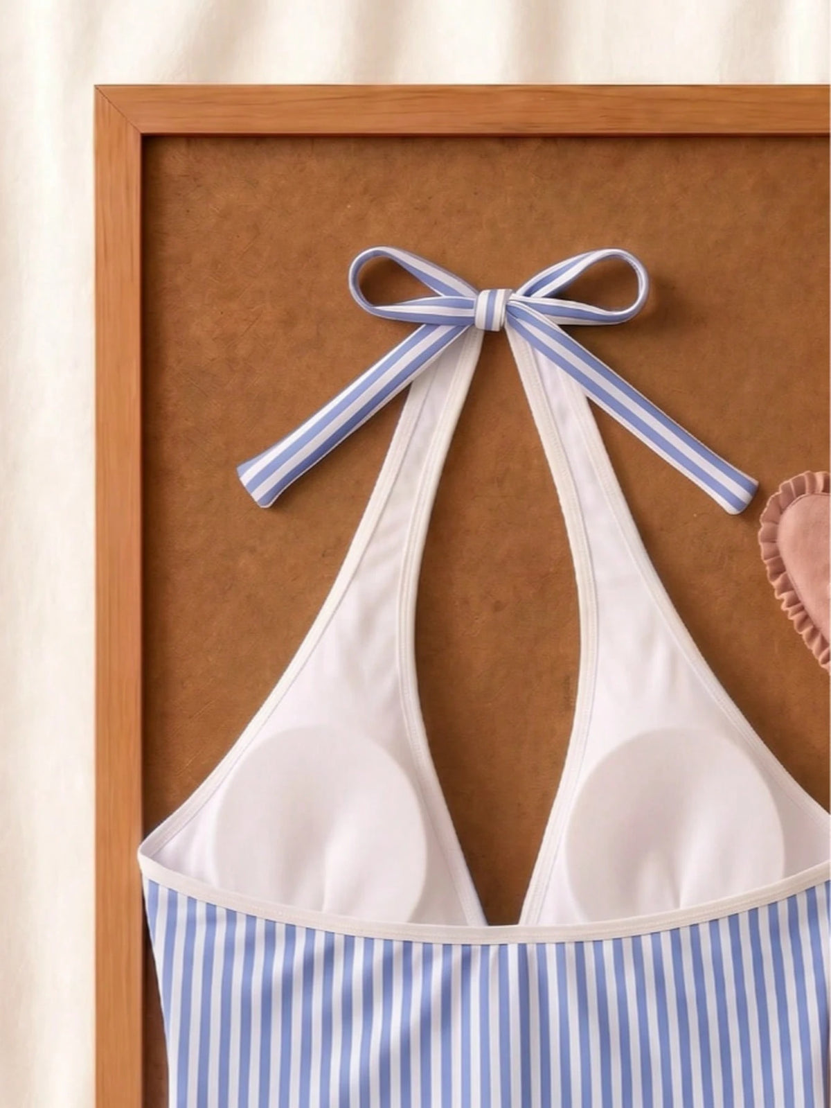 New Summer Fresh Sweet Cute Blue & White Striped Halter Neck Bikini Set, Beach Vacation Casual