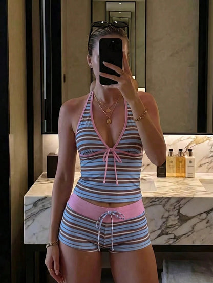 New Summer Fresh Sweet Cute Blue & White Striped Halter Neck Bikini Set, Beach Vacation Casual