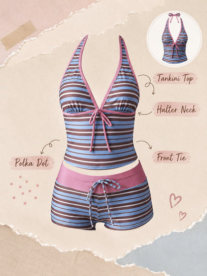 New Summer Fresh Sweet Cute Blue & White Striped Halter Neck Bikini Set, Beach Vacation Casual