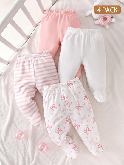 Newborn 4 Pieces Set Baby Girl Clothes Comfortable Soft And Breathable Infant Pants With Fun Cute Prints Must-Have Daily Wear Outings Apparel
