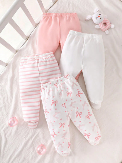 Newborn 4 Pieces Set Baby Girl Clothes Comfortable Soft And Breathable Infant Pants With Fun Cute Prints Must-Have Daily Wear Outings Apparel