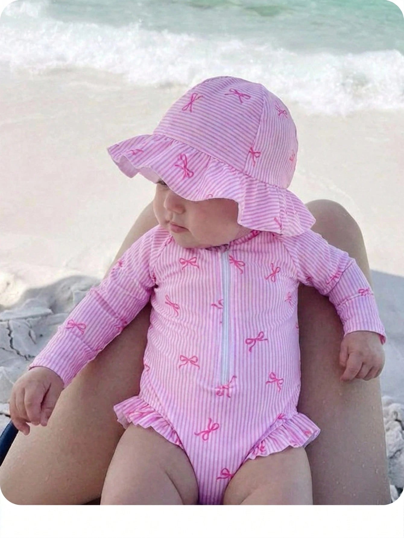 Newborn Baby Beach Vacation Style Bow Striped Print Half Zip Front Ruffle Hem One-Piece Swimsuit With Swim Cap