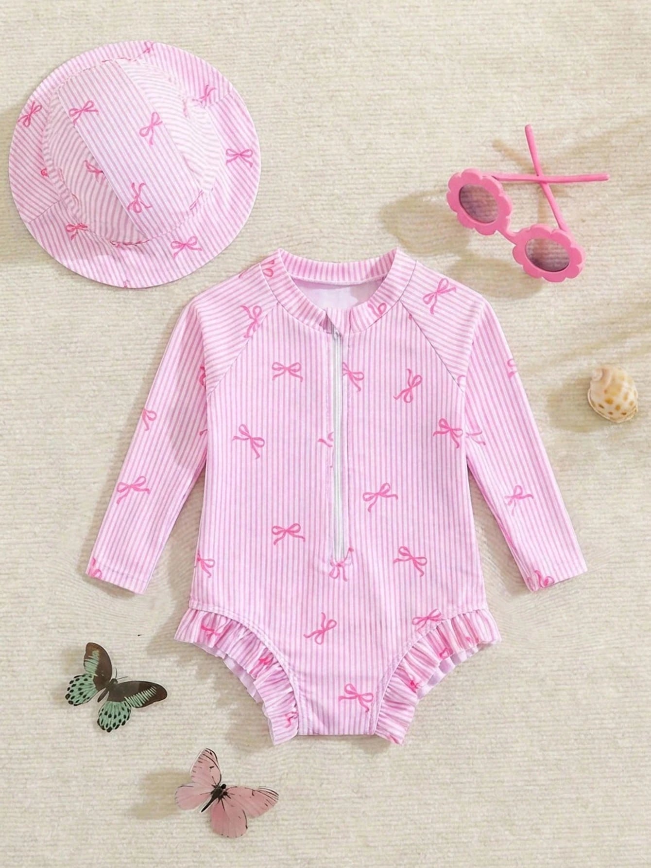 Newborn Baby Beach Vacation Style Bow Striped Print Half Zip Front Ruffle Hem One-Piece Swimsuit With Swim Cap