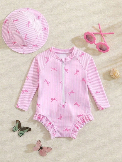 Newborn Baby Beach Vacation Style Bow Striped Print Half Zip Front Ruffle Hem One-Piece Swimsuit With Swim Cap