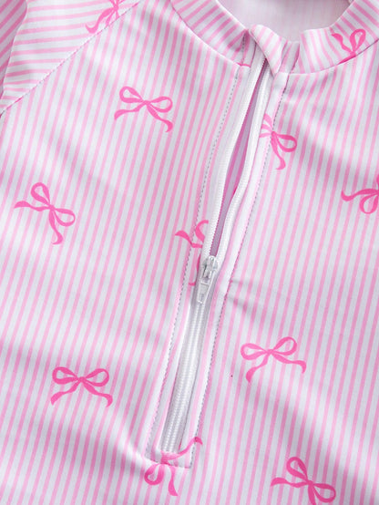 Newborn Baby Beach Vacation Style Bow Striped Print Half Zip Front Ruffle Hem One-Piece Swimsuit With Swim Cap