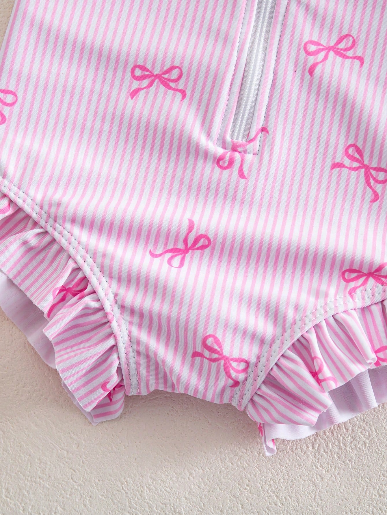 Newborn Baby Beach Vacation Style Bow Striped Print Half Zip Front Ruffle Hem One-Piece Swimsuit With Swim Cap